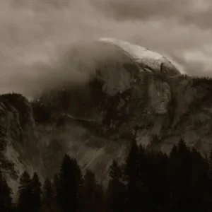Half Dome in Yosemite capture on a large format camera, printed in the Platinum printing process with a gum bichromate layer of sepia pigment over the top.